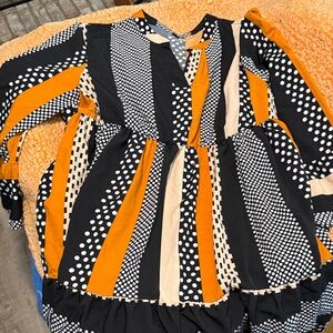 SHEIN Black, Orange & Cream Long Sleeve Tiered Dress